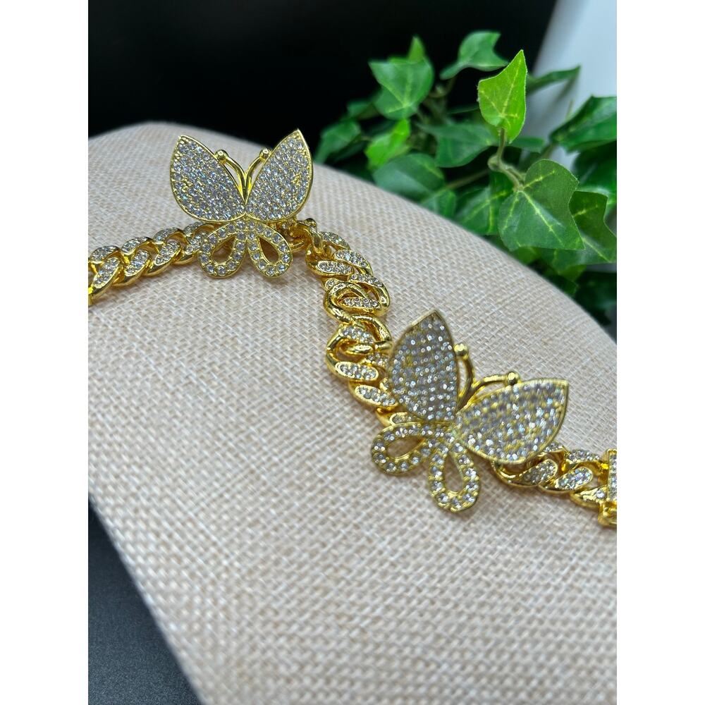Pave Gold Butterfly Cuban Link Bracelet Iced Out Bling Hip Hop